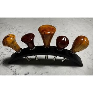 Vintage Hand-Turned Exotic Hardwood Wine Stopper Set Unique Mid Century Modern